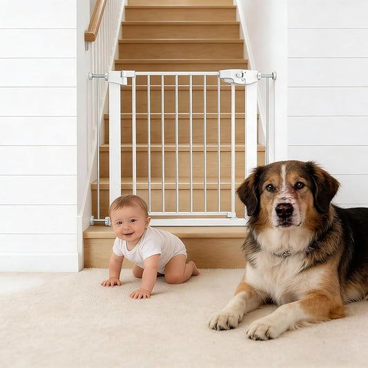 Easy Step Walk-Thru Baby Gate ??Adjustable Safety Gate for Babies & Pets, Pressure Mount Kit, Includes Wall Cups ??29.7-32W x 30.5H, Auto-Close White