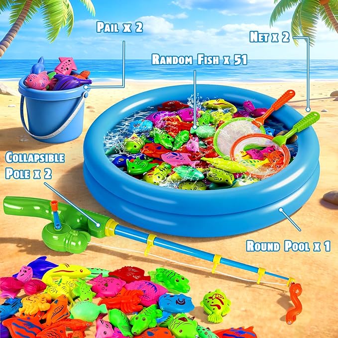 CozyBomB??Magnetic Fishing Toys Game Set for Kids | Water Table Bathtub Kiddie Pool Party Pole Rod Net, Outdoor Plastic Floating Fish, Toddler Bath Color Ocean Sea Animals Birthday Gift Age 3-5 6 4-8