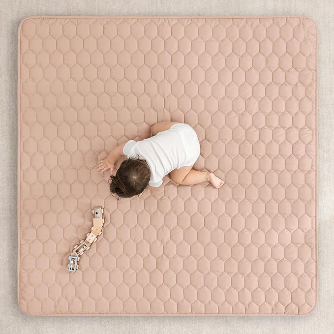 Comfy Cubs Square Kids Play Mat - 56 x 56 inches Soft Quilted Baby Floor Mat with Non-Slip Bottom - Plush Design for Toddlers' Playtime - Comfortable and Durable - Blush