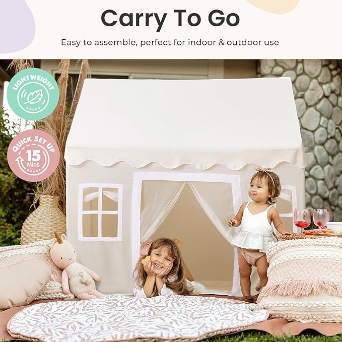 Tiny Land Play Tent with Padded Mat & LED Lights, Kids Tent, Playhouse for Kids, Indoor Bed Tent for Toddler, Toys for 3,4,5,6-Year-Old Girls, Neutral Color Play Room Furniture