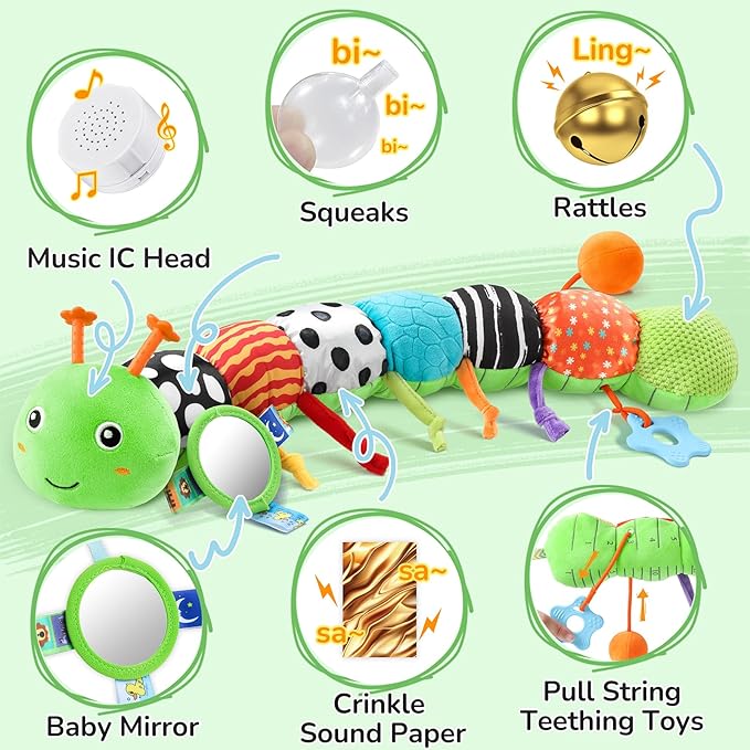 AWOTOY Baby Toys 6-12 Months Music Caterpillar,Stuffed Animals Infant Toys 0-3-6 Months,Teething Sensory Toys Tummy Time with Mirror Crinkle Rattle&Pull String for Boys Girls Gifts Birthday|Green