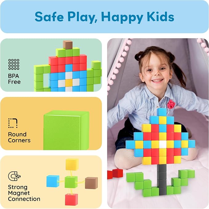 PicassoTiles 60pc Magnetic Puzzle Cube Building Set 1 Inch 3D Blocks STEM Construction Toy for Toddlers Kids Boys Girls Age 3+ Montessori Learning Travel Sensory Gift with Educational Idea Book PMC60