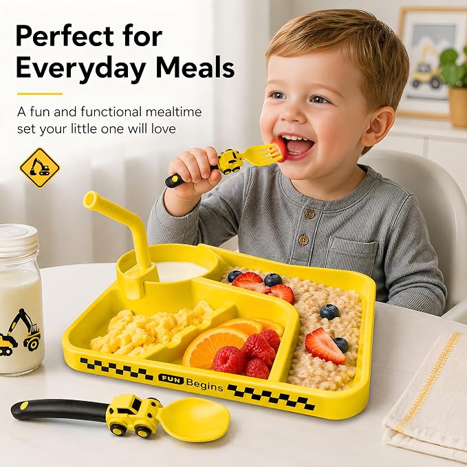 Deinyi Fun Construction Toddler Plates & Utensils - Divided Non-Tip Plate for Ages 1 2 3 4 5 6 7 - Perfect Birthday Party Gift for Boys & Girls - Yellow