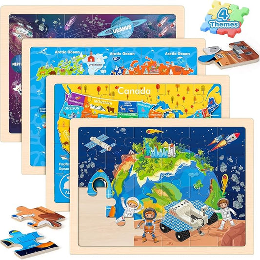 Puzzles for Kids Ages 4-6, 4 Packs 24 Pcs Wooden Jigsaw Puzzles for Toddlers Ages 2-4, Preschool Educational Map Puzzle Toys Gifts for 3 4 5 6 Boys Girls