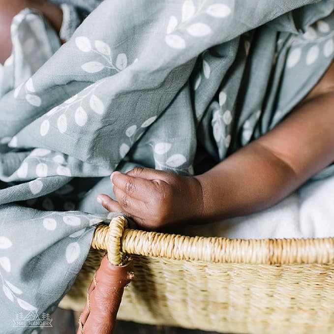 Mini Wander Swaddles for Newborns Muslin Swaddle Blankets - Breathable Soft Gender Neutral Receiving Blanket Baby Essentials | 47 x 47 Cotton - (Leaves Storm Blue)