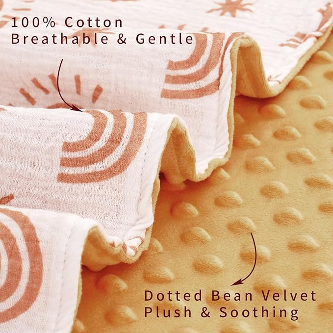 2 Pack Minky Baby Blankets,Super Soft Receiving Blankets with Muslin Cotton Front & Dotted Fleece Backing,39x29.5 Inches,Printed Bed Throws Newborn(Sun)