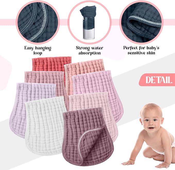 Frienda 8-Pack Muslin Burp Cloths for Baby Girl, 20''x 10" Large Absorbent Cotton Burp Rags, 6-Layer Soft Pink Washcloths for Spit up Drool, Newborn Must-Haves Essential, Baby Shower Registry Gifts