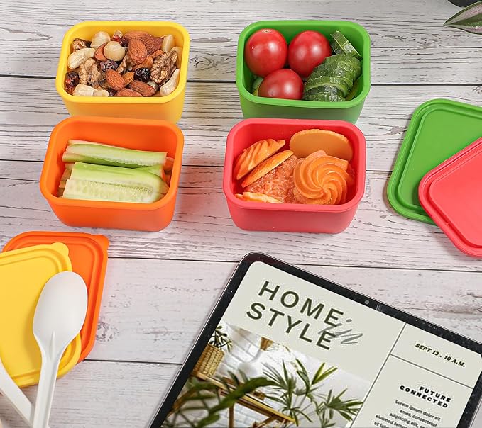 Webake Silicone Snack Containers with Lids, 6 Oz Food Containers Rectangle, Easy Open Leak Proof Lunch Box Containers for Office, Travel, Picnic (Pack of 4)
