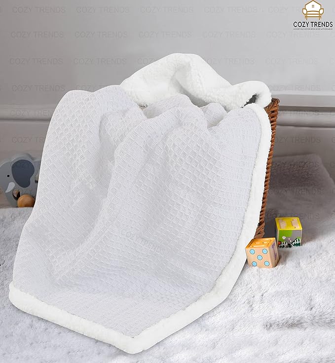 Luxurious Cotton Unisex Baby Boy Girl Blanket Waffle Weave with Sherpa Backing Soft Cozy 30''x40'' Receiving Crib Stroller Nap Blanket (White)