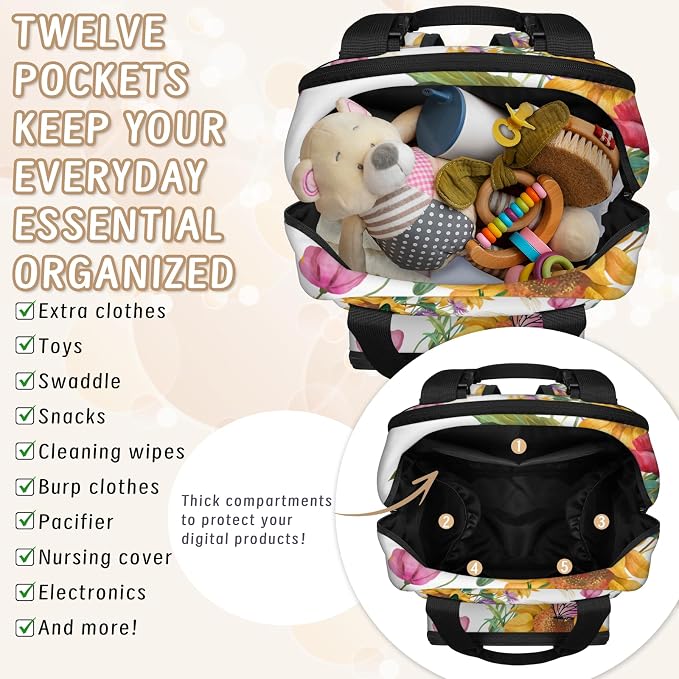 Butterfly Sunflower Flowers Diaper Bag Backpack-Multi-functional mother and baby bag Thermal compartment USB charging port Large capacity Multi-pocket organizer Stroller can be hung Travel shopping