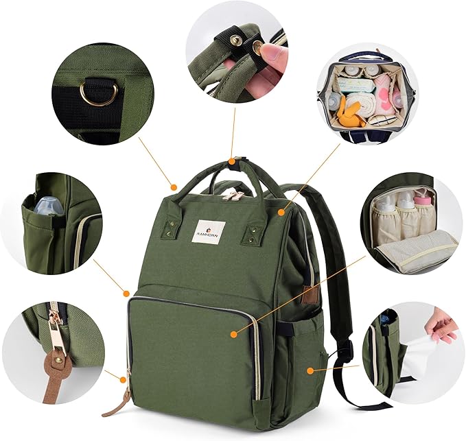 Ramhorn Diaper Bag Backpack for Women, Travel Backpacks with Insulated Bottle Pocket, Stroller Straps and Changing Mat