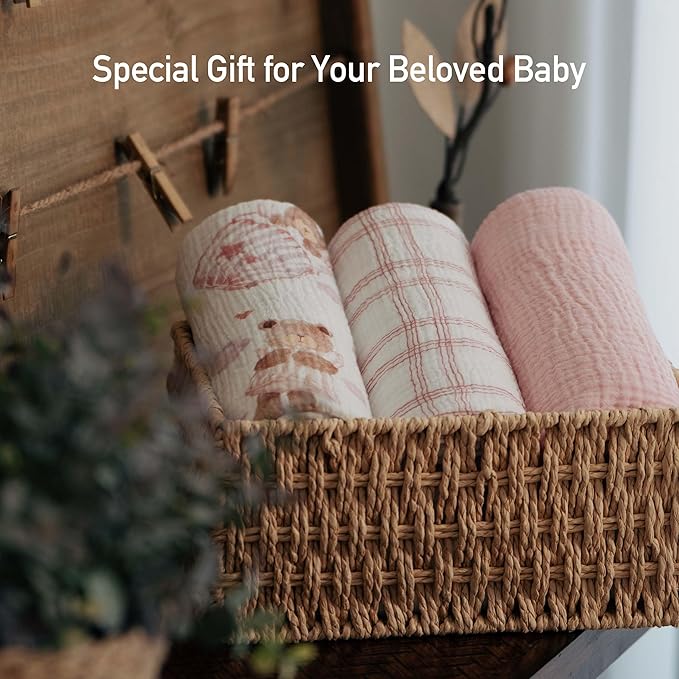 GLLQUEN BABY Muslin Swaddle Blankets,3-Pack Receiving Blankets for Newborn Boys and Girls,Baby Swaddle Blanket Unisex,Little Bear,Baby Essentials, Registry & Gift, 40 x 38 inches
