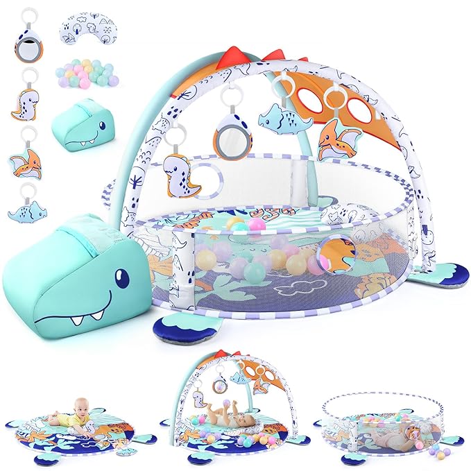 WeeHomm 5-in-1 Baby Play Mat - Dinosaur Themed Activity Gym for Babies 0-6 Months with Ball Pit, Detachable Sensory Toys, Pillow, Machine Washable