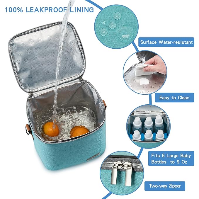 Breastmilk Cooler Bag with Ice Pack Fits 6 Baby Bottles Up to 9 Ounce, Baby Bottle Bag with Shoulder Strap for Nursing Mom Daycare, Aqua
