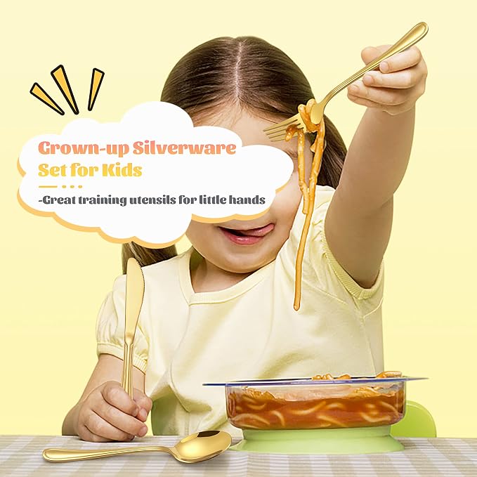 12-Piece Gold Kids Silverware, E-far Stainless Steel Toddler Kids Utensils Safe for Preschooler/Children, Includes 4 Forks 4 Spoons 4 Knife, Slimline Look & Small Size, Healthy & Rust Free