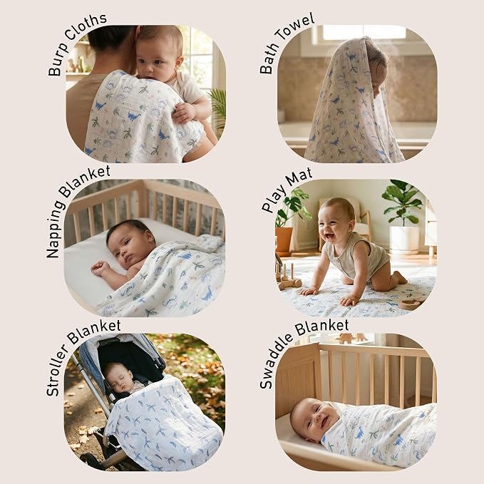 GLLQUEN BABY Muslin Swaddle Blankets 4-Pack Breathable Receiving Blankets (35" x 40") Soft Baby Blankets for Girls and Boys Newborn Essentials Muslin Burp Cloths Swaddle Wrap Baby Gift(Dinosaur)