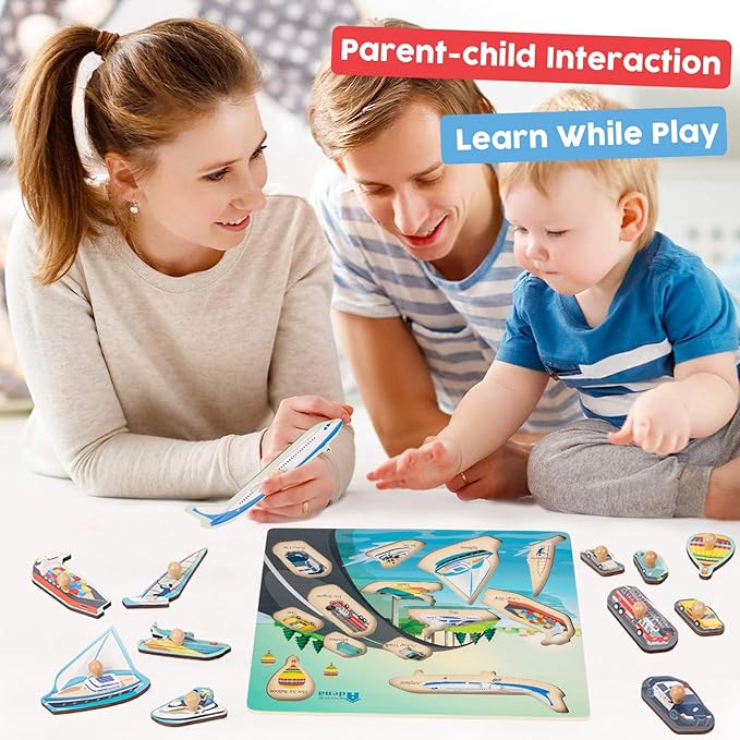 Adena Montessori Colorful Multiple Shape Puzzles Toys for 6-12 Months 1 Year Old Toddler Babies First Shapes Geometric Jumbo Knob Wooden Puzzle Color Sorter (Vehicles)