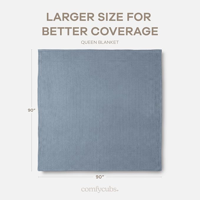 Comfy Cubs Waffle Blanket Queen, 90" x 90" - 100% Cotton Lightweight Breathable Bed Blanket - Soft Textured Thermal Weave for All Seasons – Decorative Cozy Layer for Couch, Sofa, or Bed - Pacific Blue