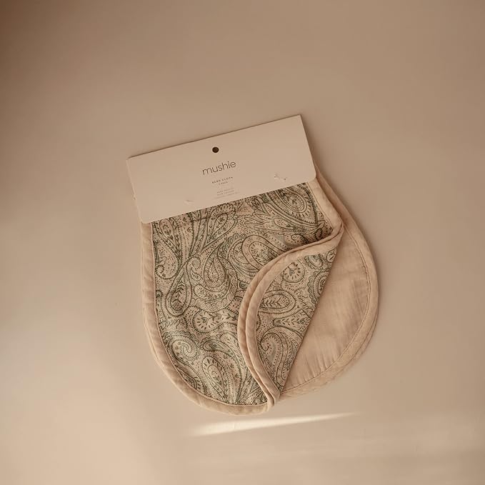 mushie Muslin Baby Burp Cloths | 100% Organic Cotton, Set of 2 (Green Paisley/Fog)