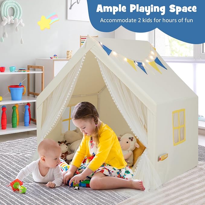 HONEY JOY Kids Tent, Large Kids Play Tent w/Washable Padded Mat, Star Lights, Flags, Windows & Storage Pocket, Indoor Outdoor Toddler Playhouse, 48” x 42” x 50”, Tent for Kids Boys Girls