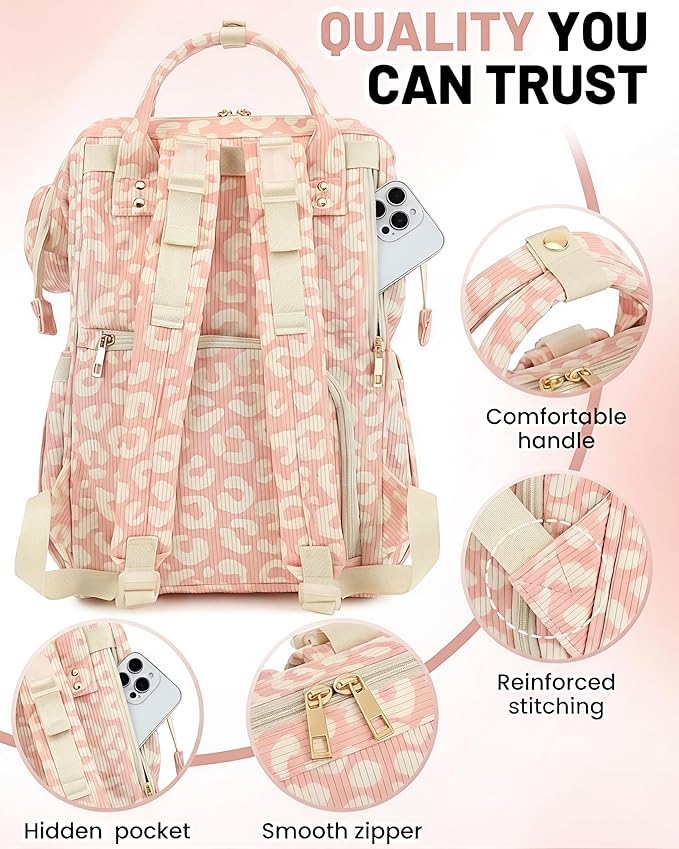 Corduroy Diaper Bag Backpack, Large Capacity Multifunction Baby Diaper Bags for Women, Insulated Bottle Pockets & Pacifier Case, Stylish Travel Nappy Changing Bags for Mom Dad (Leopard Pink)