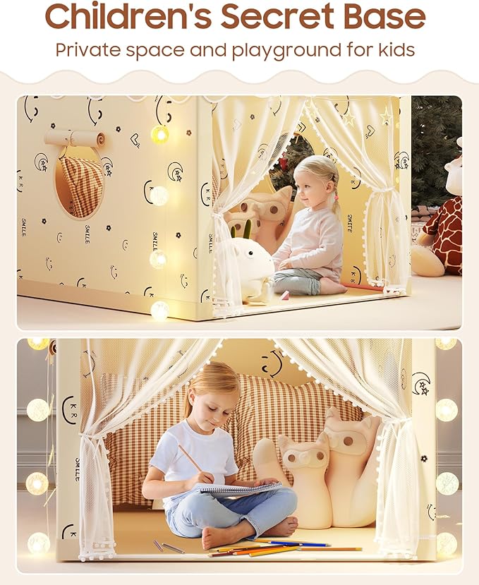 Kids Play Tent, Princess Tent Indoor Playhouse Set with Star Lights, Ball Lights, Colorful Flags, Butterflies - Large Tents for Kids Toddle Castle for Girls Toy House Gift
