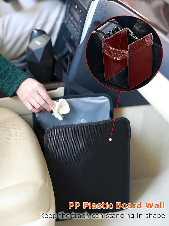 Ginsco 3 Gallons Open-Top Car Trash Can, Large Capacity Hanging Leakproof Car Trash Bag with Water-proof PEVA Liner, Stand Trash Bag for Cars Foldable Storage Bag for Cars SUV Truck RV Black