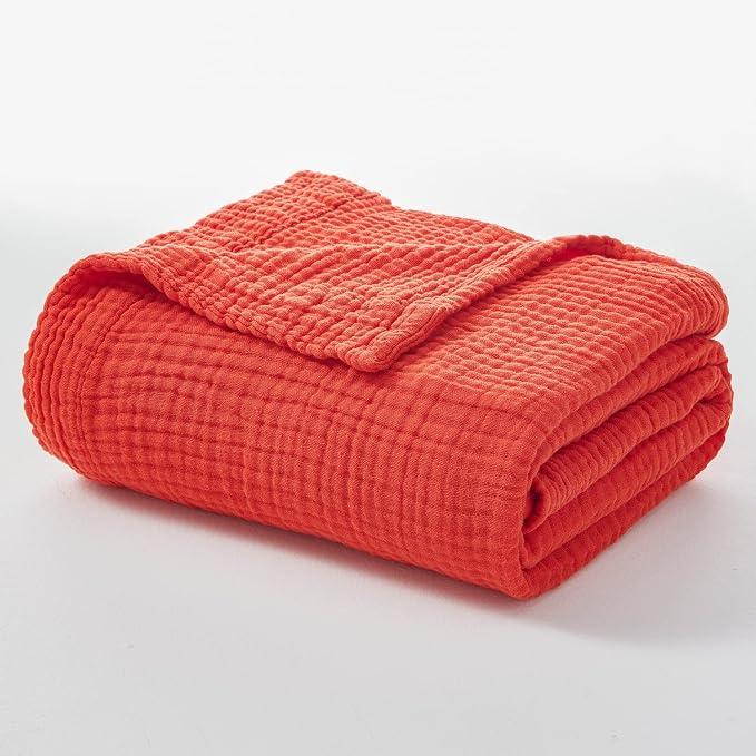 EMME Cotton Throw Blanket - 4-Layer 100% Muslin Soft, Breathable Gauze - All Season, Lightweight - Pre-Washed - Orange Rust, 50"x71"