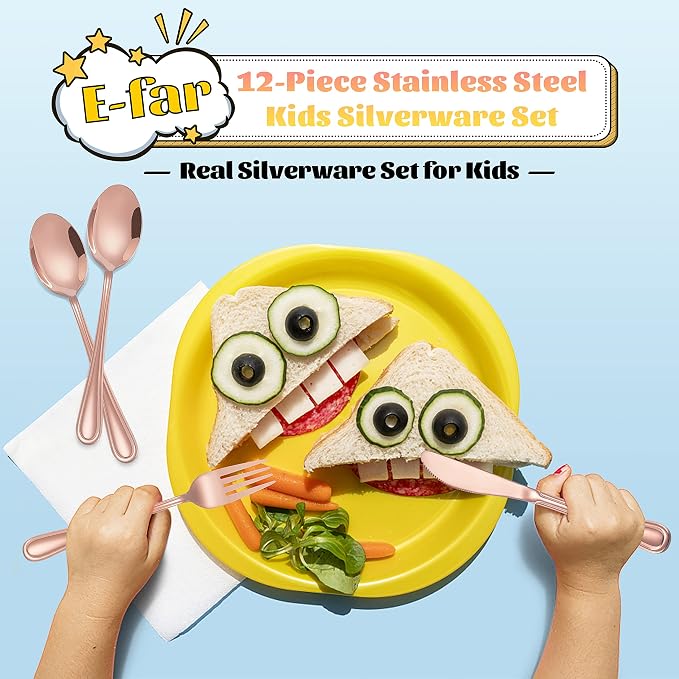12-Piece Copper Kids Silverware, E-far Stainless Steel Toddler Kids Utensils Safe for Preschooler/Children, Includes 4 Forks 4 Spoons 4 Knife, Slimline Look & Small Size, Rust Free