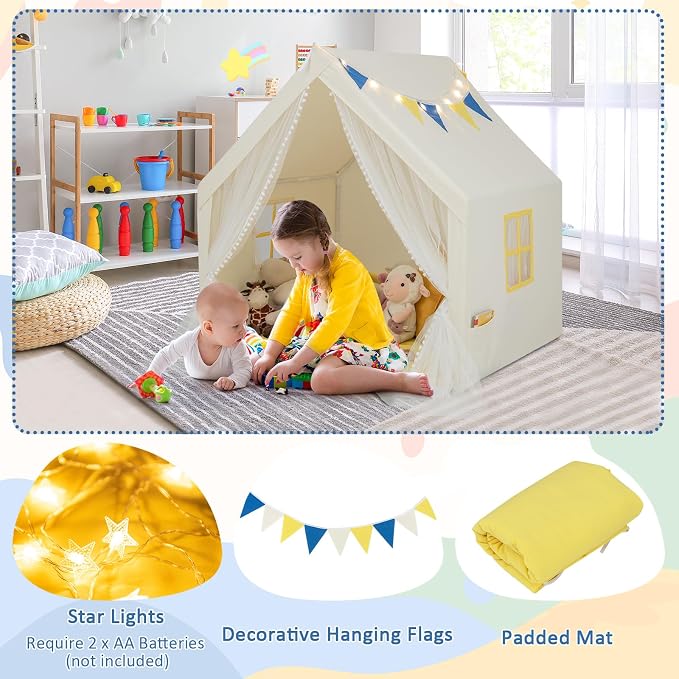 HONEY JOY Kids Tent, Large Kids Play Tent w/Washable Padded Mat, Star Lights, Flags, Windows & Storage Pocket, Indoor Outdoor Toddler Playhouse, 48” x 42” x 50”, Tent for Kids Boys Girls