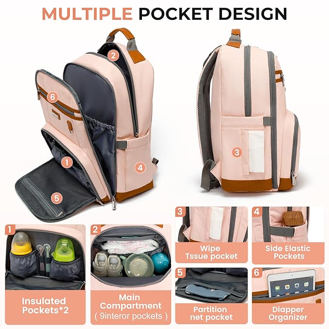 Diaper Bag Backpack, Large Baby Nappy Bags with Portable Changing Pad for Boys and GirlsMultifunction Travel Baby Bag for Moms Dads, Shower Gifts Waterproof and Stylish，Pink
