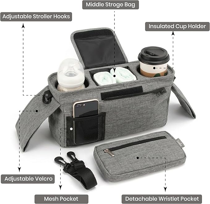 Universal Stroller Organizer, Grey - 2 Insulated Cup Holders - Non-Slip Stroller Caddy Bag - Detachable Phone Pouch - Fits Uppababy, Nuna - New Mom Essentials
