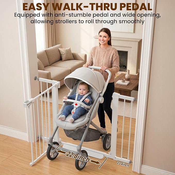 Mumeasy 29-43" Wide Baby Gate for Stairs and Doorways, 30" Tall Pressure Mounted Dog Gate No Drilling, Auto Close Walk Thru Child Safety Gate, Sturdy Metal Pet Gate with Dual Lock, White