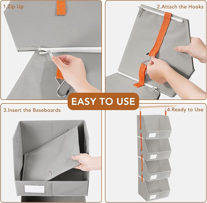 4 Pcs Modular Closet Organizer - Detachable & Foldable Hanging Storage Cubes, 88L Total Capacity, Heavy Duty Fabric Shelves for Wardrobe, Closet Organization, RV, Dorm, Grey