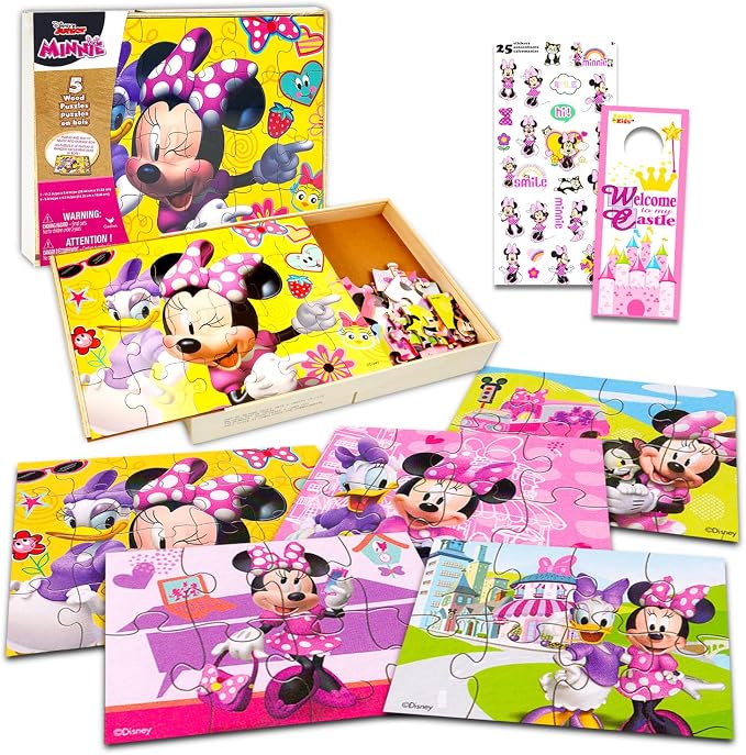 Minnie Mouse Wooden Puzzle 5 Pack - Minnie Mouse Wood Puzzles Bundle with Holding Tray Plus Minnie Stickers and More | Minnie Mouse Jigsaw Puzzles for Kids, Girls