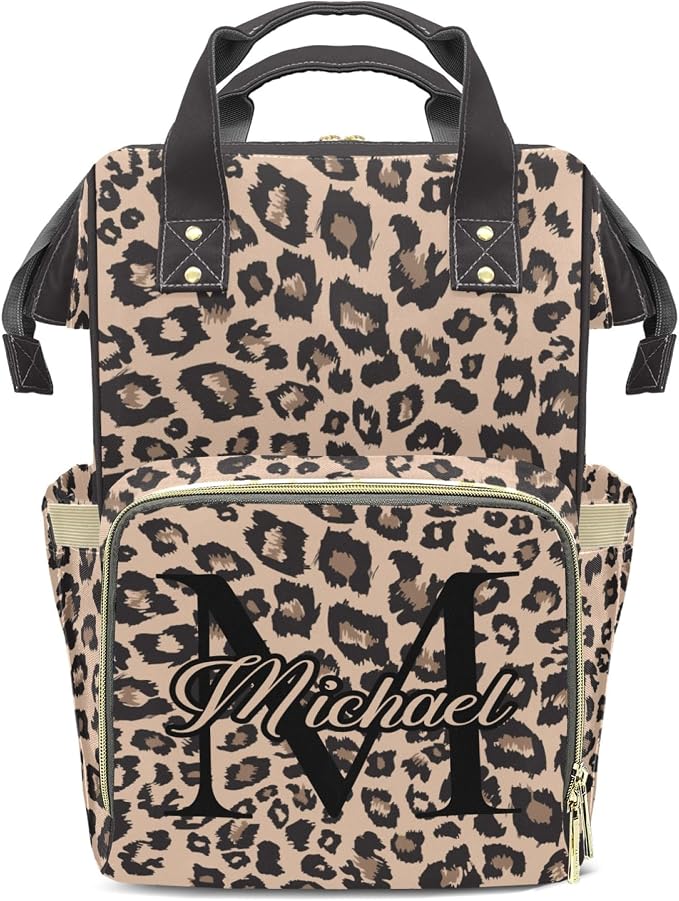 Custom Diaper Backpack, Large Capacity Baby Changing Backpack with Insulated Pocket, Multifuction Mommy Bag for Girl, Coffee Leopard