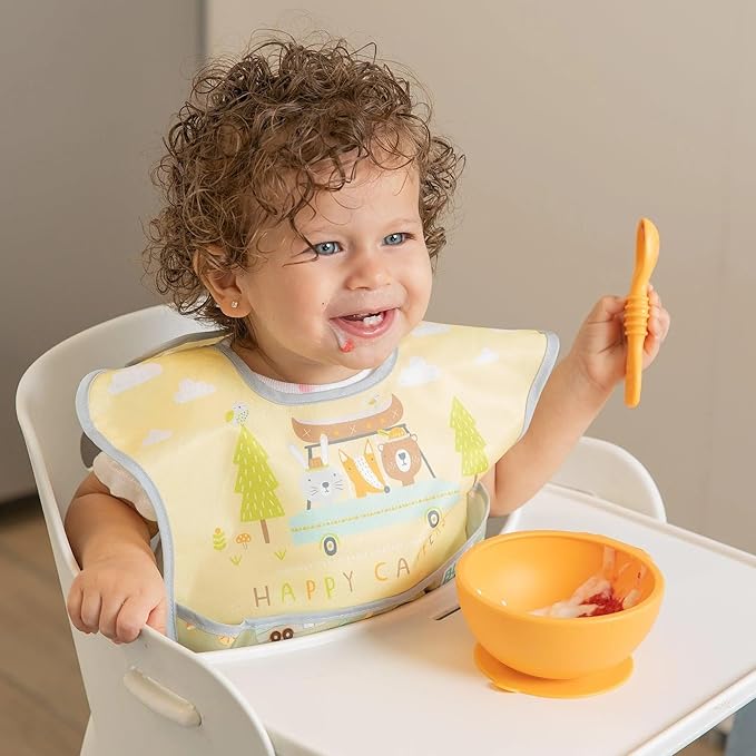 Bumkins Bibs for Girl or Boy, SuperBib Baby and Toddler 6-24 Months, Essential Must Have for Eating, Feeding, Baby Led Weaning Supplies, Mess Saving Catch Food, Waterproof Fabric 3-pk Happy Campers