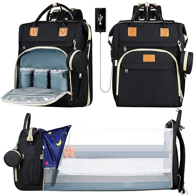 ZRSUN Baby Diaper Bag Backpack,Baby Shower Gifts, Multifunctional Travel Diaper Bag, Gifts for Mom with Portable Diaper Pad (Black)