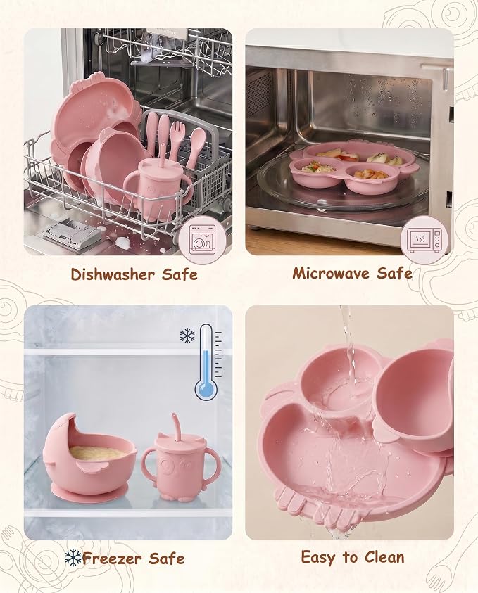 Silicone Baby Feeding Set with Spoon, Bowls, Plates with Suction, Bib, and Toddler Sippy Cups with Replaceable Snack Lids, Pink
