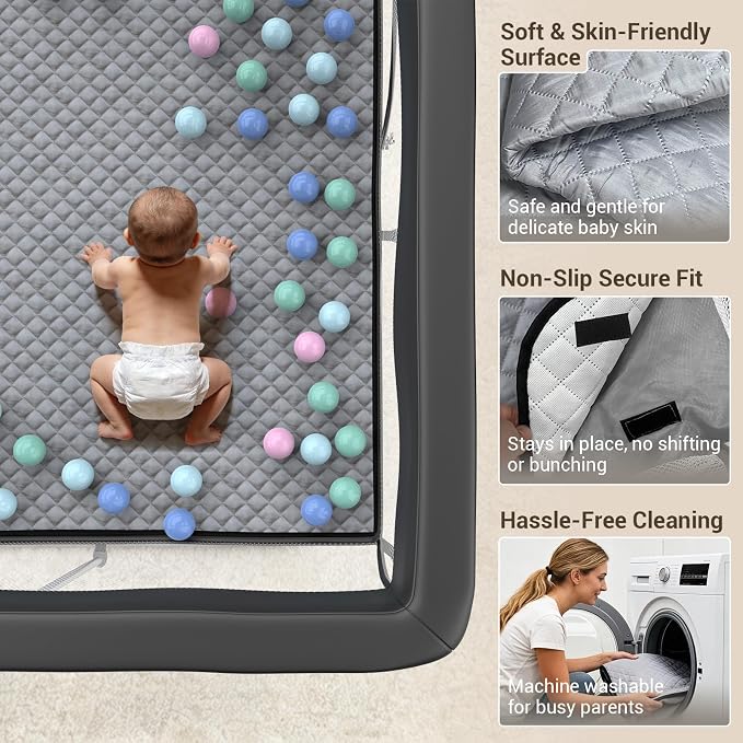 Foldable Baby Playpen with Mat, 50"×50" Collapsible Play Yard for Babies and Toddlers, No Assembly Required, Kids Safety Play Area with 4 Handles, 50 Balls and Visible Mesh, Black
