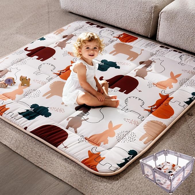 TILLYOU Waterproof Baby Play Mats for Floor, 50x50 Playpen Mat, Playmats Extra Thick for Babies and Toddlers, Foldable Baby Crawling Mat for Playpen, Forest Animals