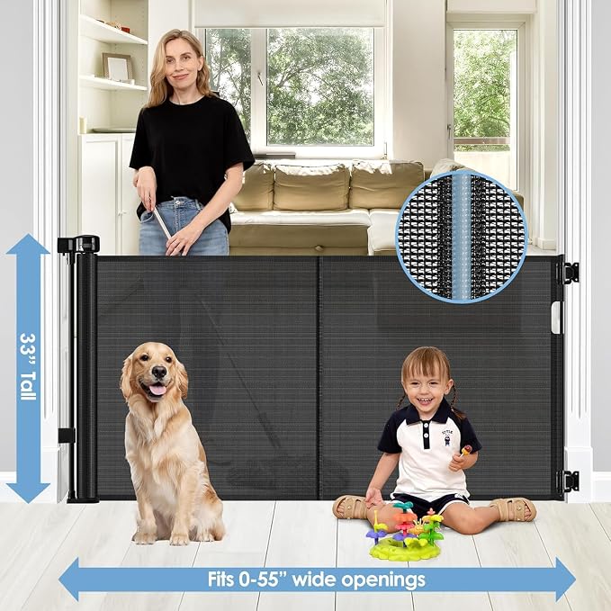Reinforced Retractable Baby Gates with Support Rods, Extends up to 55” Wide, Retractable Dog Gate for Doorways Prevent Bottom Crawling Through, Mesh Pet Gate for Stairs Indoor Outdoor, Black