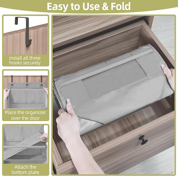 Over Door Organizer with 6 Extra Large Pockets 12 Side Pockets, Sturdy Closet Storage Rack, Hanging Storage Organizer with Clear Window for Shoes, Diapers, Bedroom, Bathroom, Grey, 3-Pack