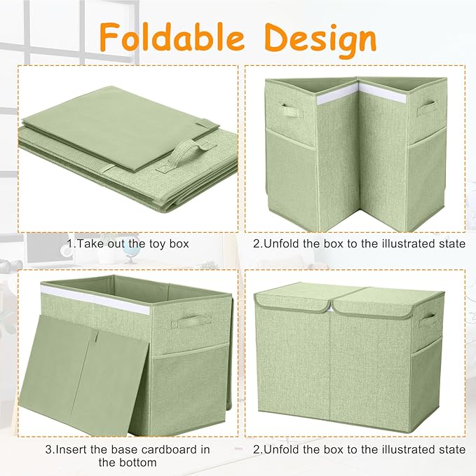 3 Pack Large Storage Bins Set 23" Toy Chest Storage with Lids and 11" Cubes Organizer Bins for Kids Bedroom Closet Shelf Organizer for Clothes Blankets Nursery Playroom(Green)