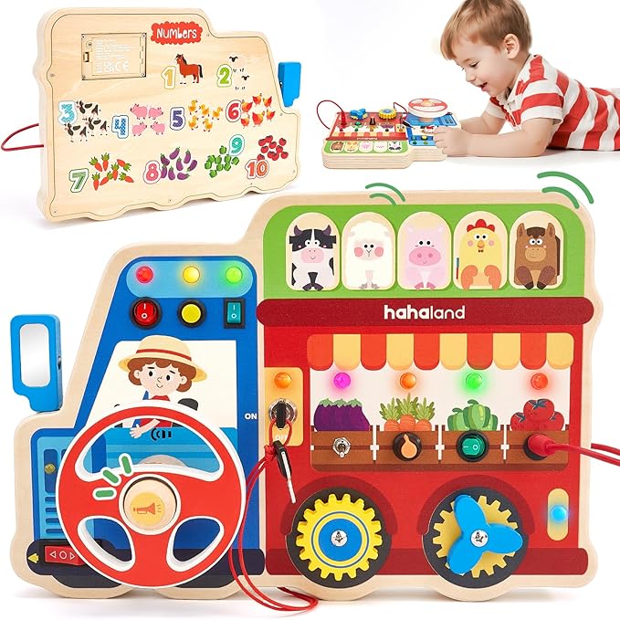hahaland Montessori Busy Board for Toddlers 3-5, 18-in-1 Wooden Sensory Activity Board with LED Lights & Switches, Educational Montessori Toy for Fine Motor Skills, Kids Gift