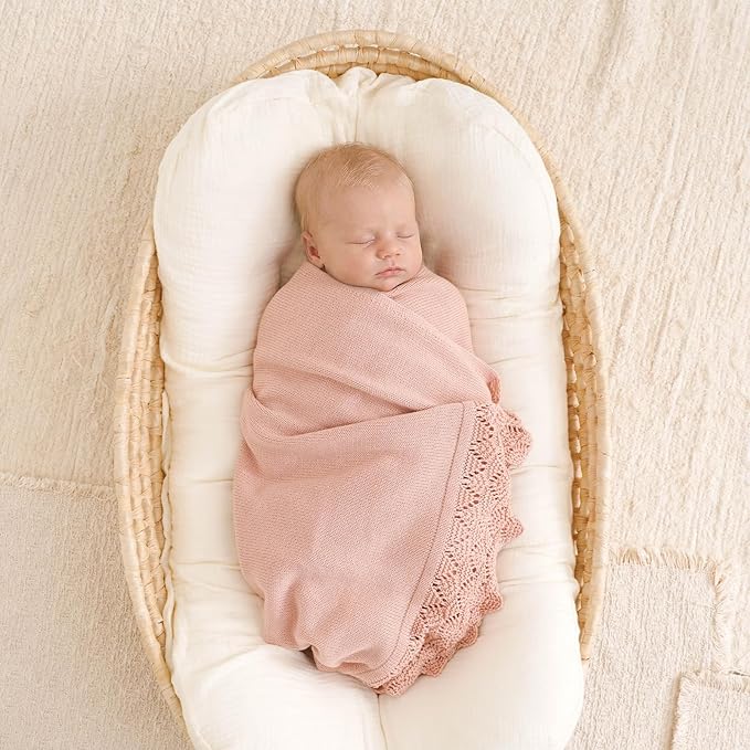 Hadetoto Baby Blanket Soft Cozy Cotton Cable Knit Crochet Receiving Crib Nursery Swaddling Blankets for Newborn Boys Girls (Baby Pink)