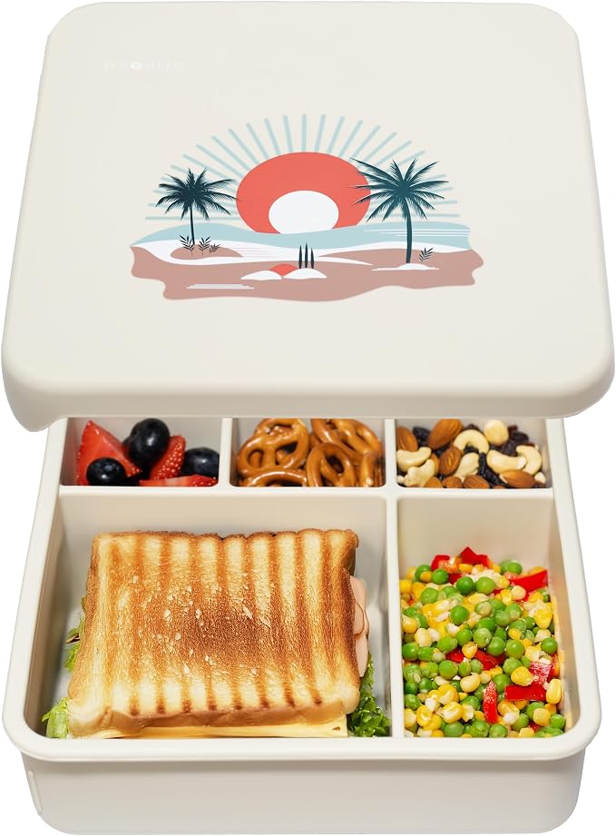 ASOMIC® Large Silicone Bento Box, 5 Compartments, Leakproof Lunch Container, BPA-Free, Microwave & Dishwasher Safe, For Work, School & Travel (Ivory)