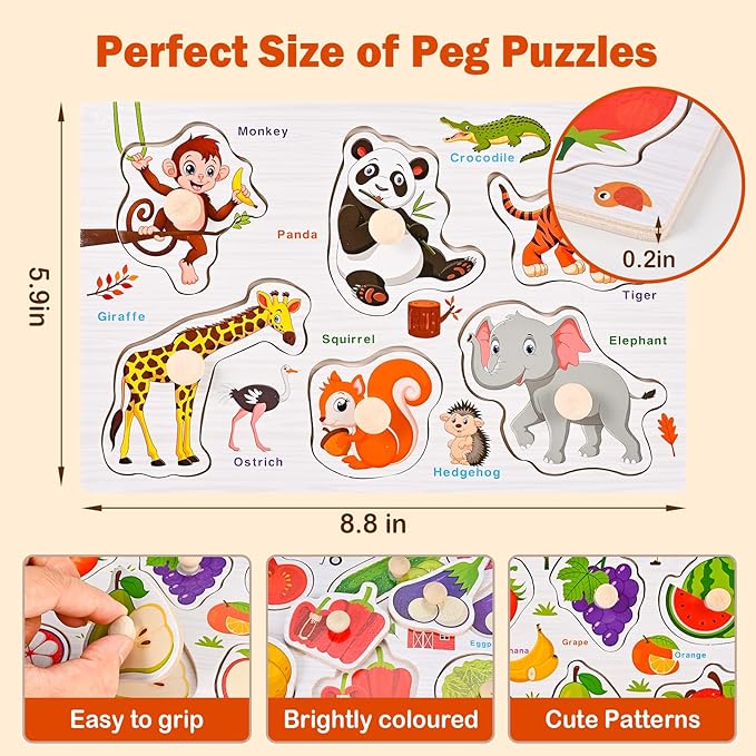 Wooden Peg Puzzles for Toddlers 1-3, Montessori Puzzles, Great Preschool Educational Learning Gifts for Girls and Boys