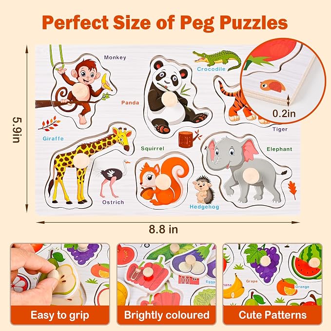 Wooden Peg Puzzles for Toddlers 1-3, 6 PCS Toddler Puzzles Set(Vegetables, Numbers, Fruits, Insects, Sea and Animals), Great Preschool Learning Puzzle Toys for Girls and Boys