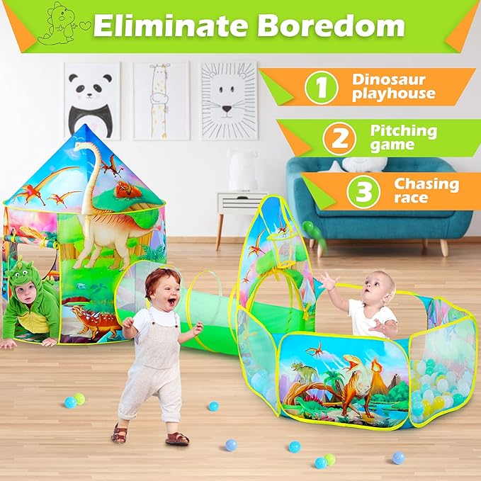 GeerWest 3PC Dinosaur Tent for Girls with Kids Ball Pit, Kids Play Tents and Crawl Tunnel for Toddlers, Pink Pop Up Playhouse Toys for Baby Indoor& Outdoor Tent Games, Birthday Kid?™s Gifts